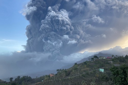 One of the 32 explosive eruptions that occurred in April 2021 at Soufrière in the Caribbean island of St Vincent.